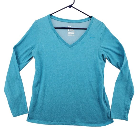 NIKE Shirt Women's Long Sleeve Pullover V- Neck Dri-Fit Athletic Cut Blue Large - Picture 1 of 12
